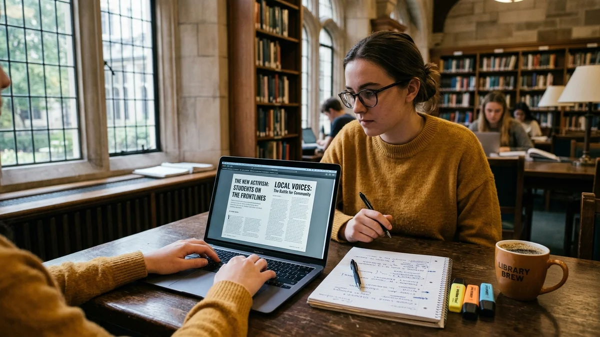 Maturzystka redagująca artykuł publicystyczny w bibliotece uniwersyteckiej na laptopie